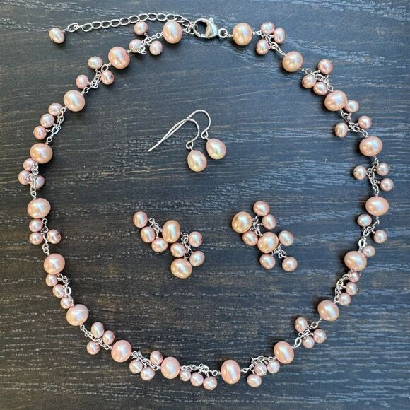 HONORA Sterling Silver Pink Pearl Cluster NECKLACE & Drop Earrings 16" - 19" - Picture 3 of 14